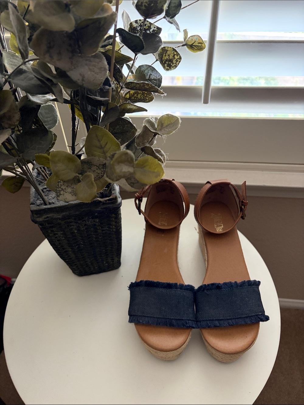 Brash Tan Espadrille Wedge Sandals with Navy Denim Strap